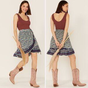 Bila Border Print Wrap Mini SKIRT Size XL Blue Floral Rayon Western Boho NEW